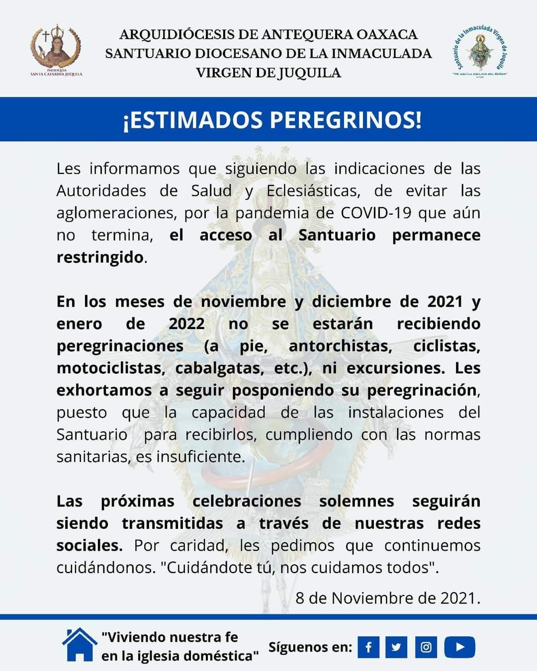 Ante pandemia por Covid-19, seguirá cerrando el santuario de la Virgen de Juquila en Oaxaca