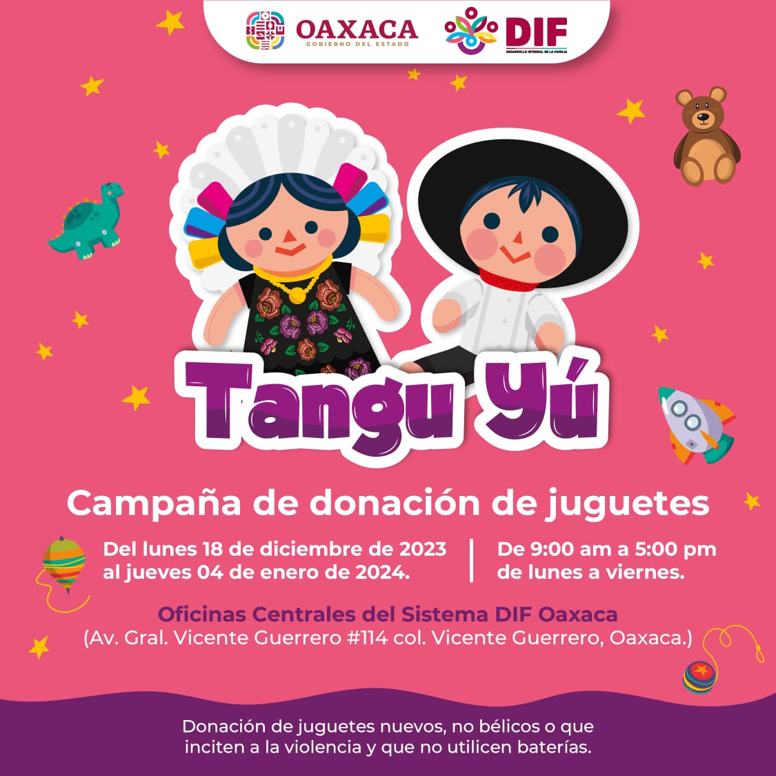 Convocan a donar juguetes nuevos para la campaña Tangu Yú del Sistema DIF Oaxaca