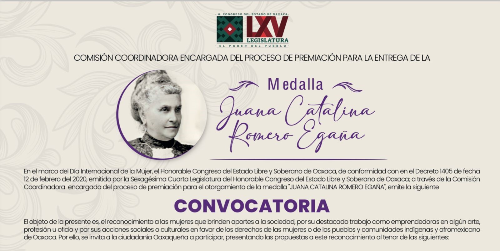 Convoca Congreso a postular a mujeres para la entrega de la medalla “Juana Catalina Romero Egaña”