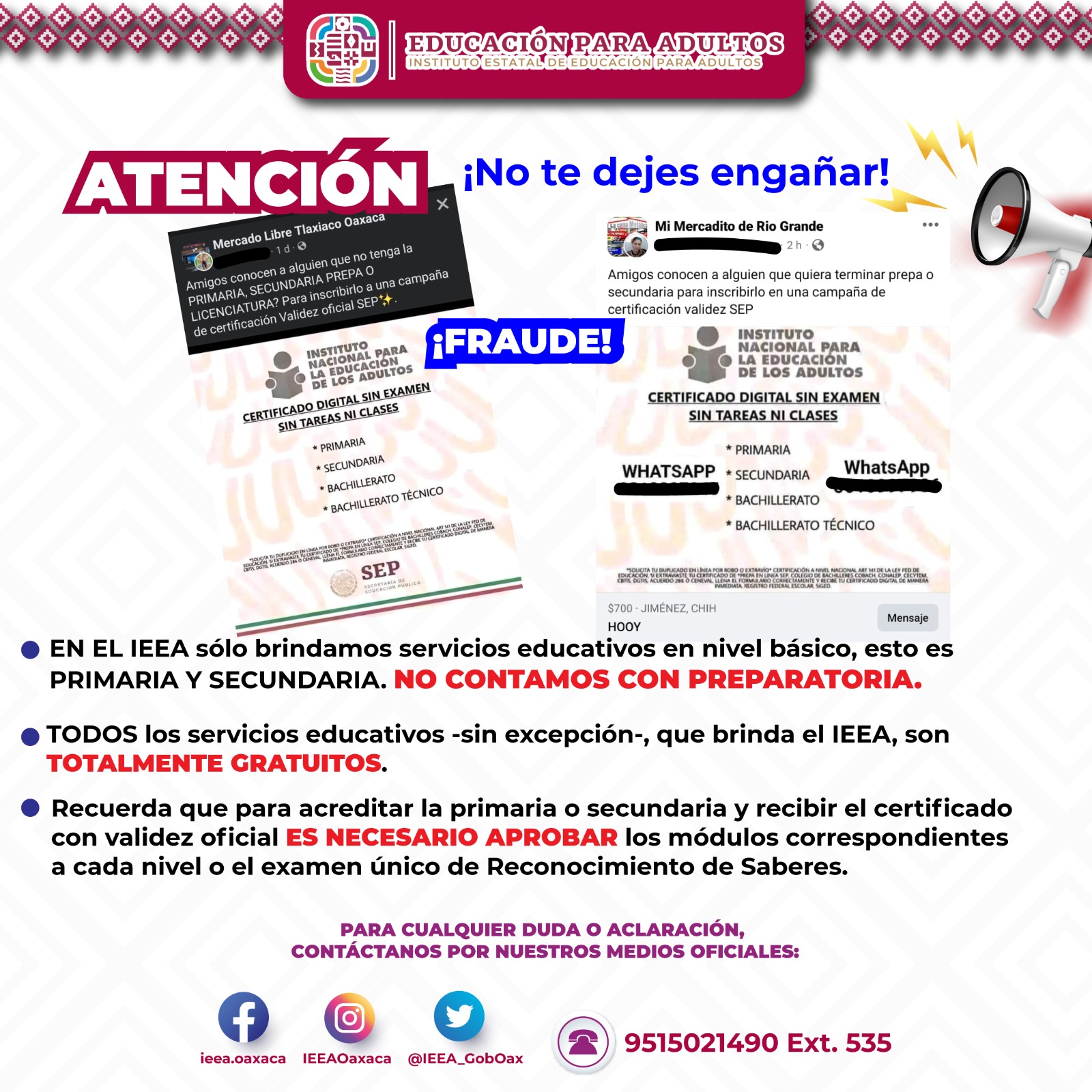 Alerta IEEA sobre personas defraudadoras en redes sociales, por certificados falsos Alerta IEEA sobre personas defraudadoras en redes sociales, por certificados falsos
