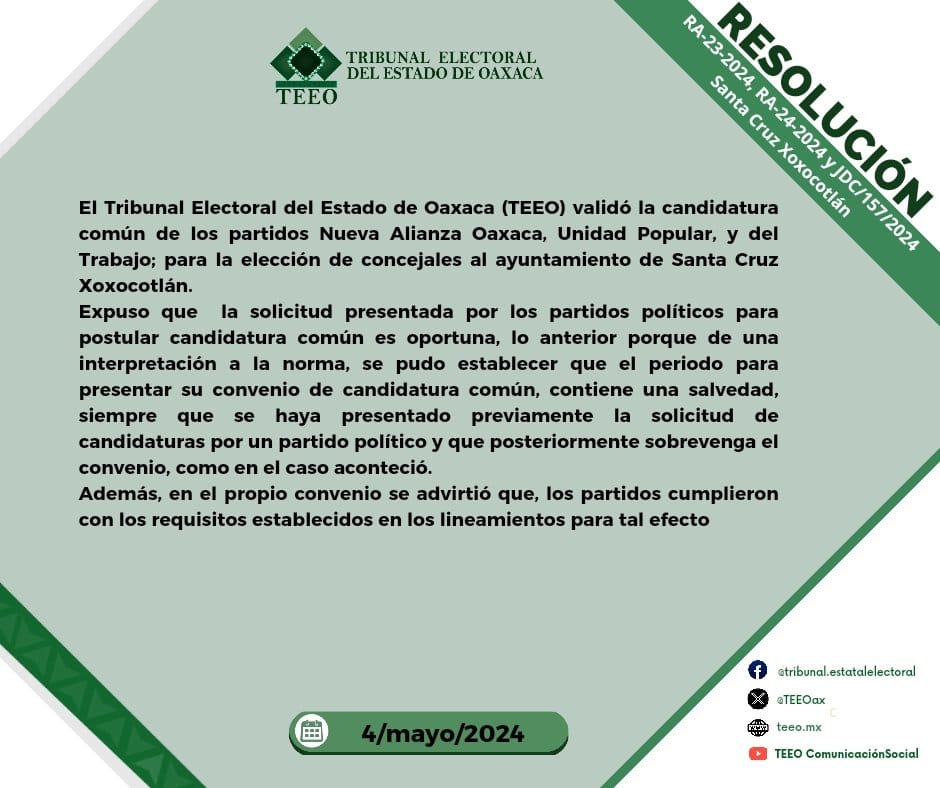 Valida TEEO Candidatura Común para Xoxocotlán encabezada por Chente Castellanos Valida TEEO Candidatura Común para Xoxocotlán encabezada por Chente Castellanos