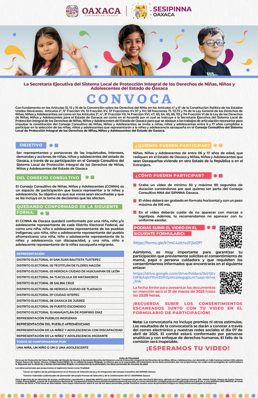 Invita Sipinna Oaxaca a niñas, niños y adolescentes a ser parte de su Consejo Consultivo Invita Sipinna Oaxaca a niñas, niños y adolescentes a ser parte de su Consejo Consultivo