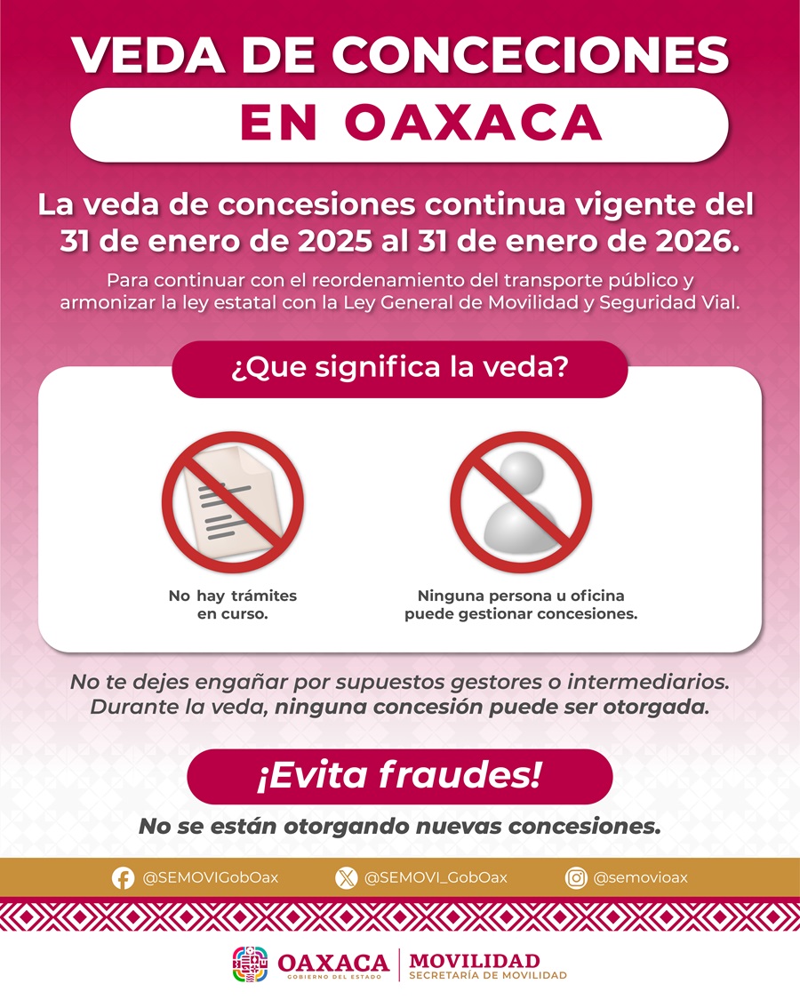 Continúa vigente la veda de concesiones para el transporte público en Oaxaca: Semovi Continúa vigente la veda de concesiones para el transporte público en Oaxaca: Semovi