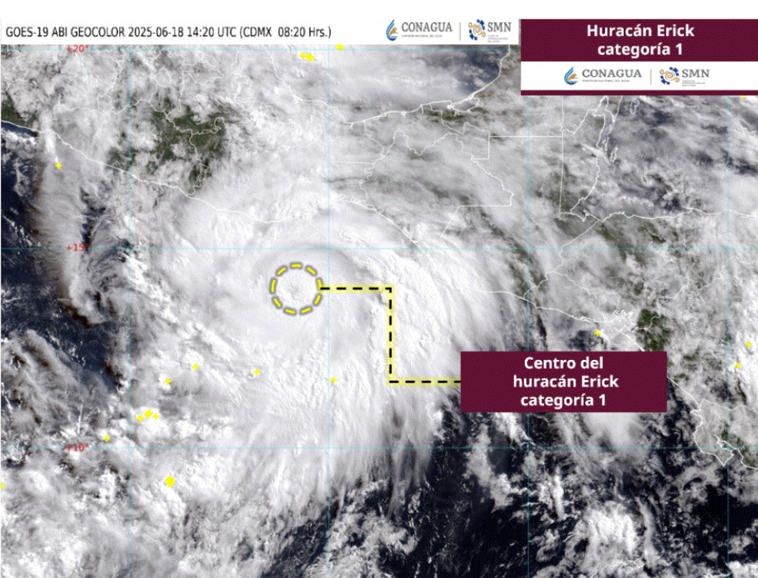 Huracán Erick categoría 1 se intensifica gradualmente, su centro se localiza frente a las costas de Oaxaca Huracán Erick categoría 1 se intensifica gradualmente, su centro se localiza frente a las costas de Oaxaca