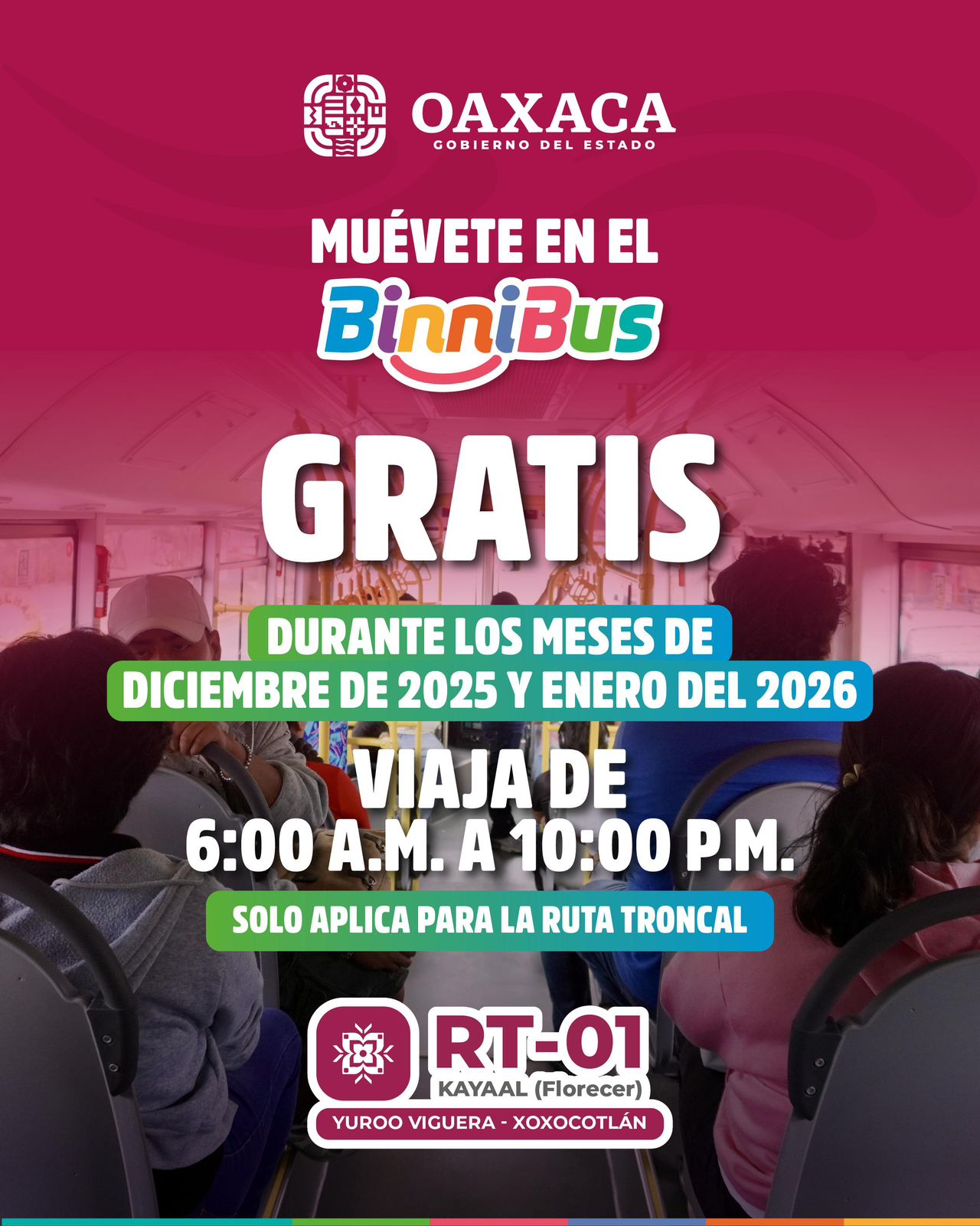 Mantendrá BinniBus servicio gratuito en Ruta Troncal Yuroo Viguera–Yuroo Xoxocotlán durante todo diciembre y enero 2026