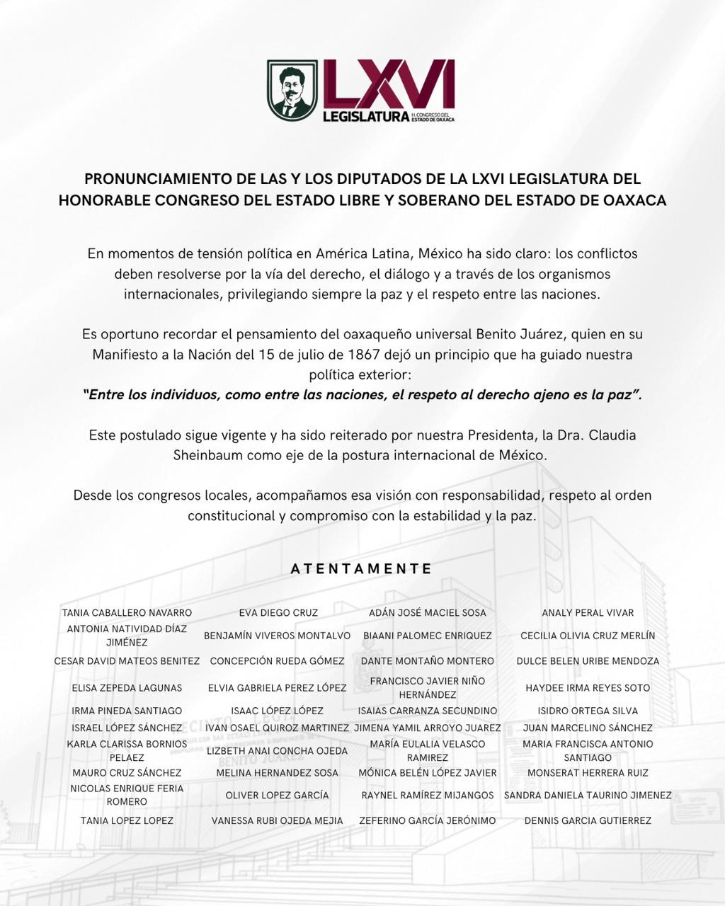 EMITE POSICIONAMIENTO CÁMARA DE DIPUTADOS DE OAXACA POR CRISIS POLÍTICA LATINOAMERICANA POR CASO VENEZUELA