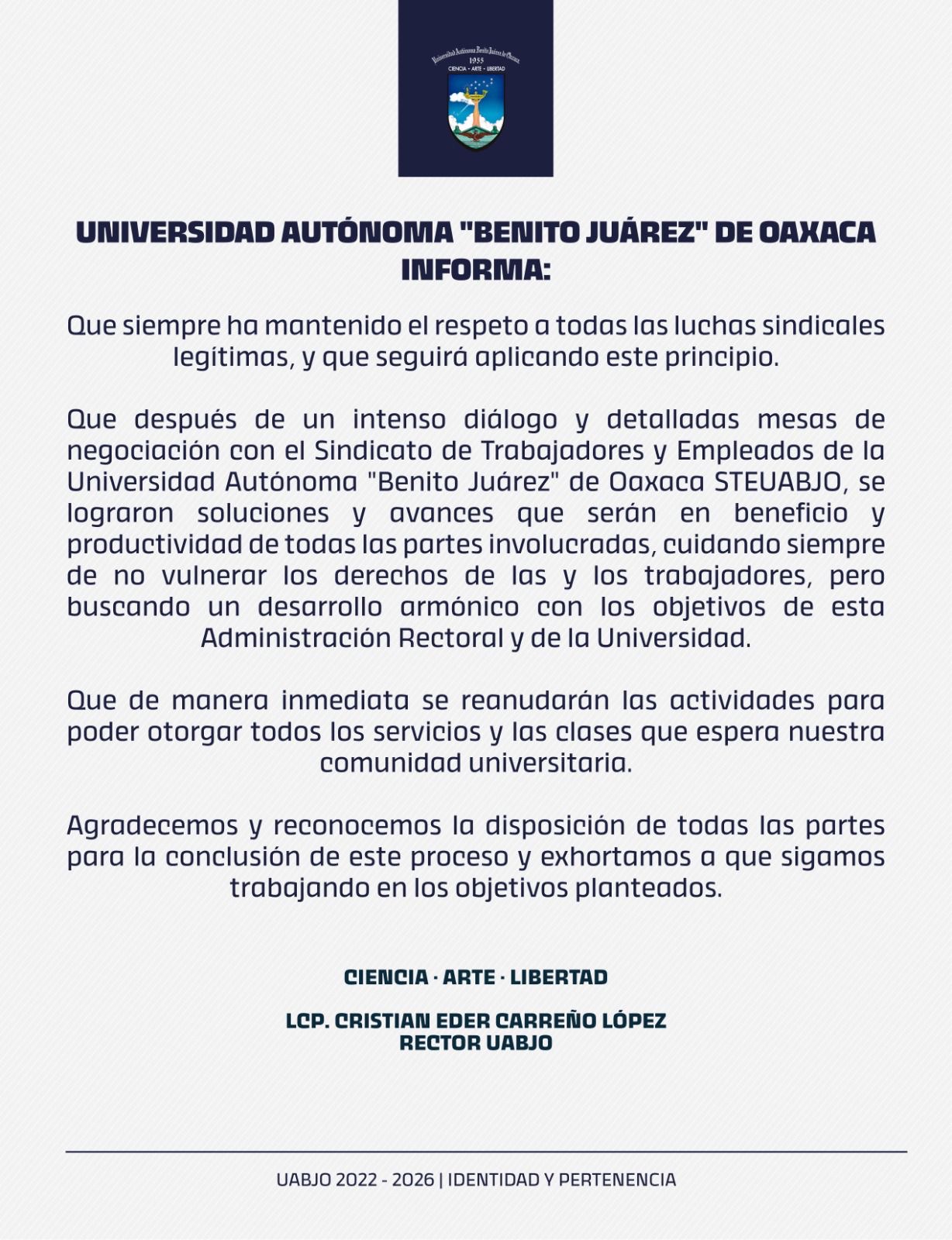 La Universidad Autónoma “Benito Juárez” de Oaxaca informa: