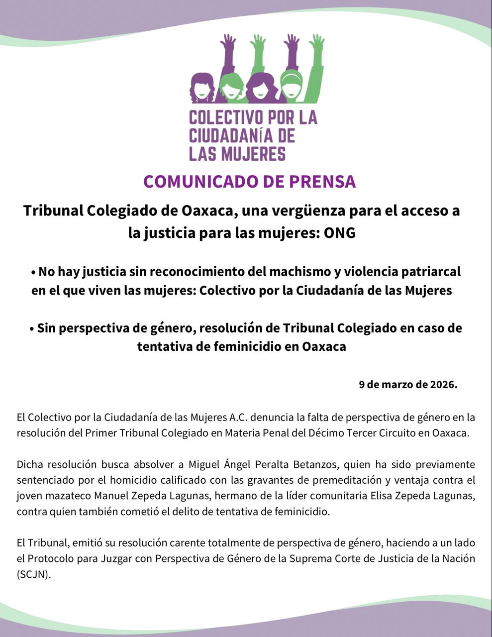 Tribunal Colegiado de Oaxaca, una vergüenza en el acceso a la justicia para las mujeres: ONG