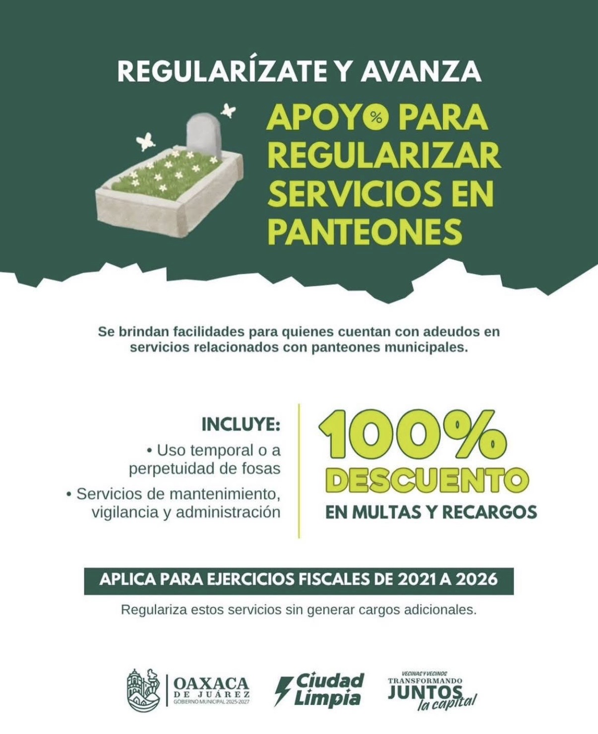 Ofrece Municipio de Oaxaca de Juárez descuentos de hasta el 100% en multas y recargos en panteones municipales