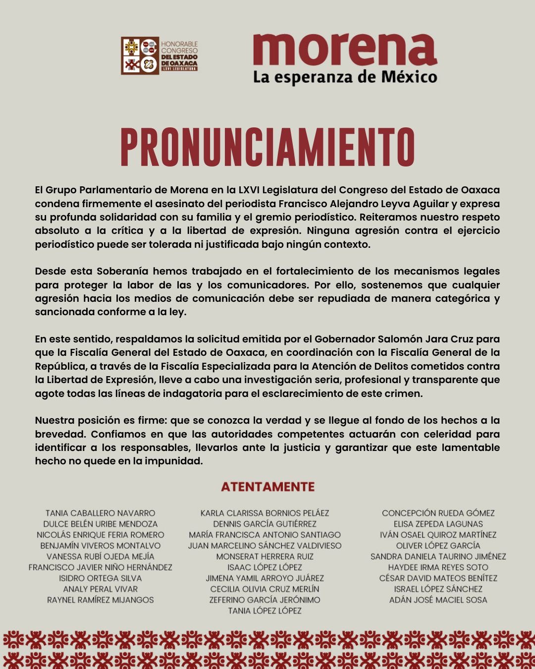 Posicionamiento de la Camara de Diputados ante artero crimen en contra del periodista Alejandro Leyva