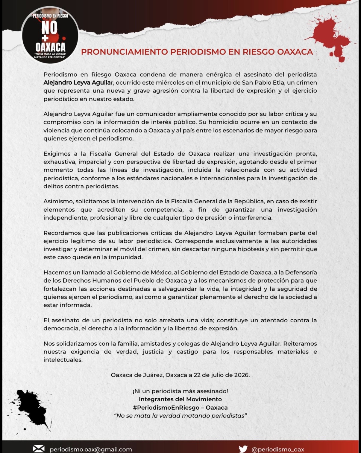Colectivo Periodismo en Riesgo# emite pronunciamiento ante artero crimen en contra del periodista Alejandro Leyva